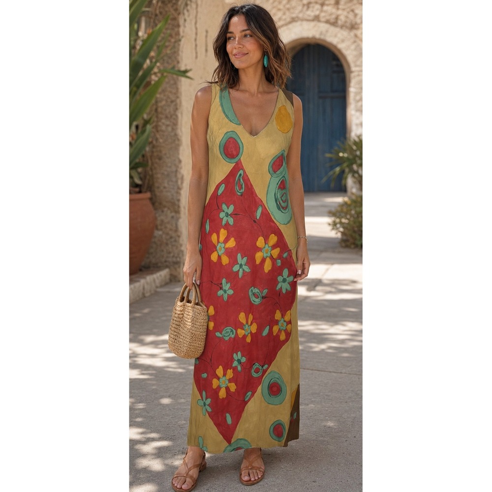 Vintage Cache Maxi Dress Womens  Rayon Floral Boho Artsy Bias Cut M